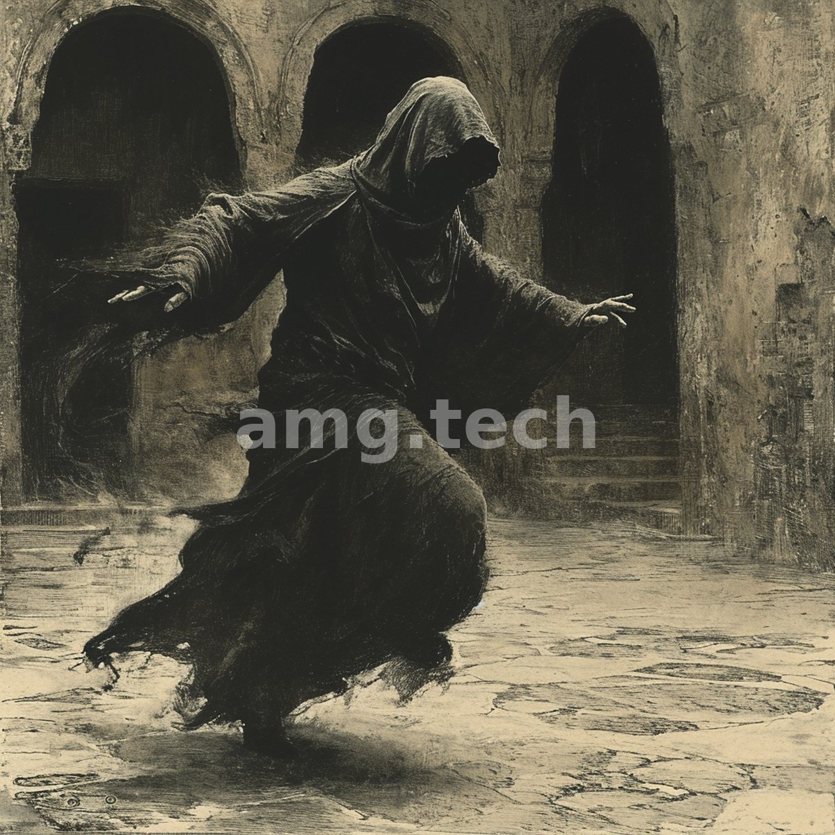 A hooded figure turns in ecstatic motion across a shadowed cloister, robes trailing like smoke over the worn stone floor.