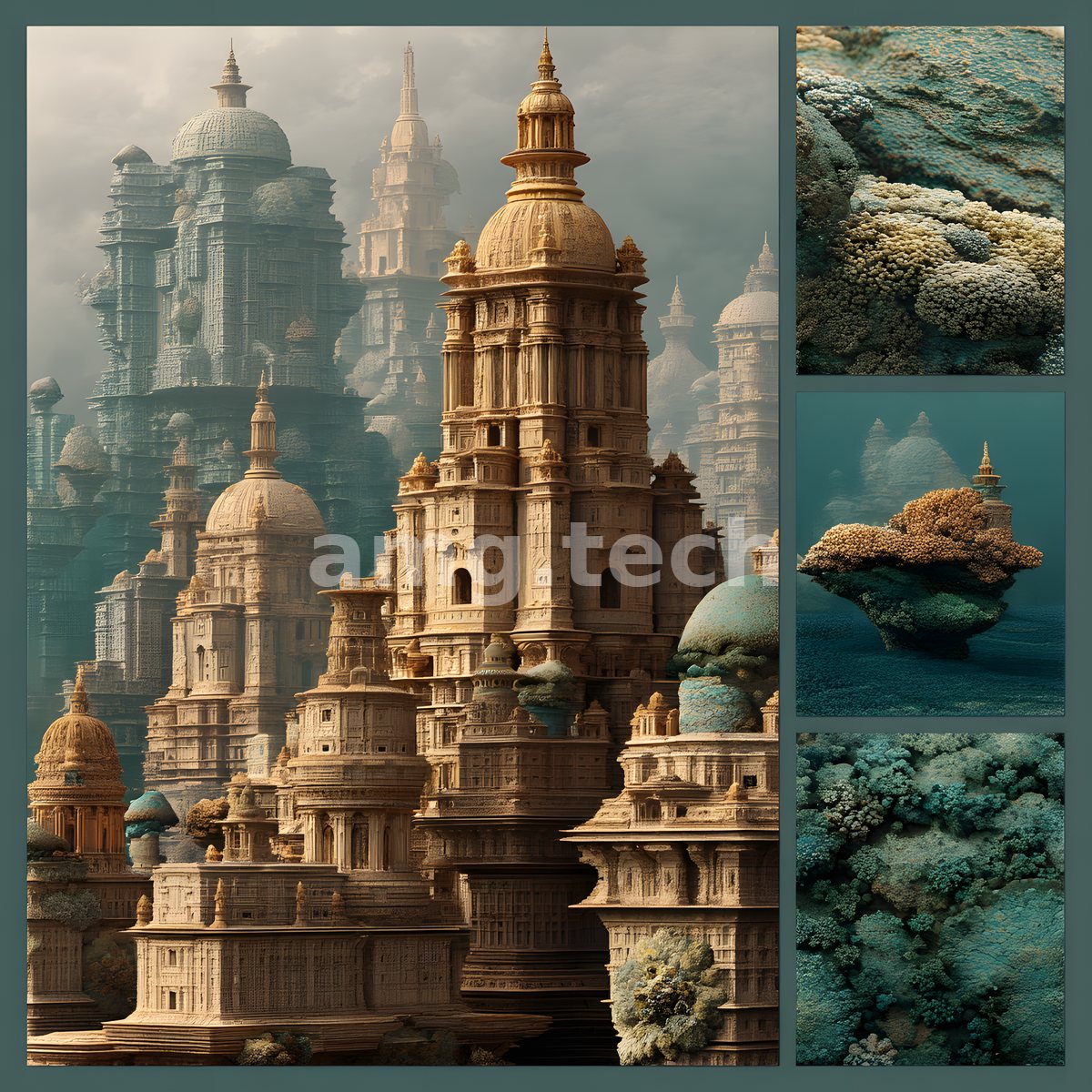 An immense tiered temple city rises in warm sandstone tones beside cool panels of encrusted reef and coral outcrops.