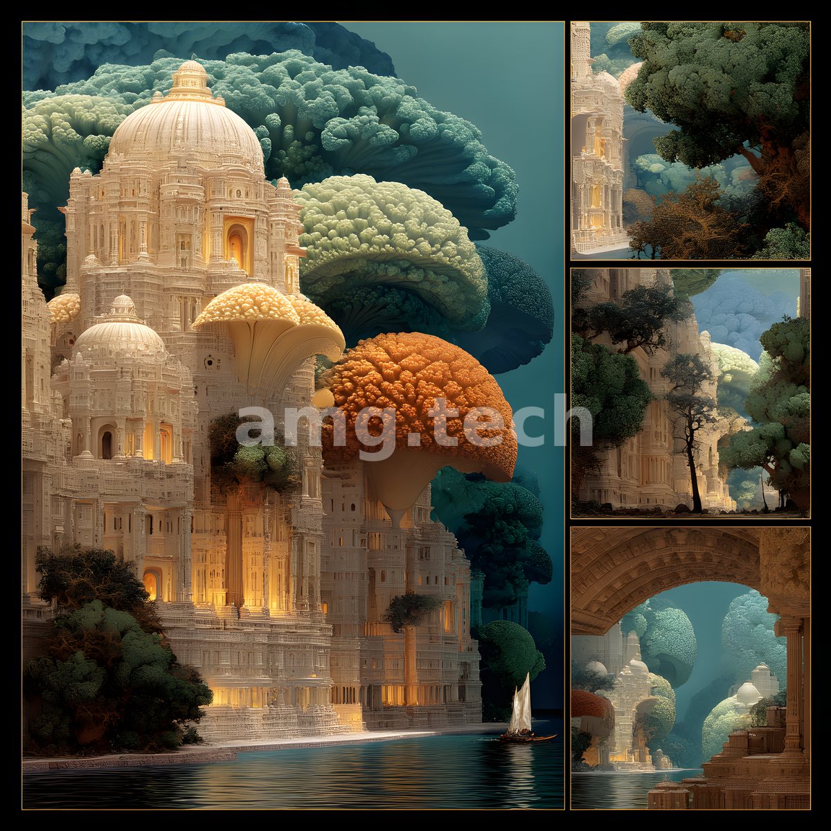 A luminous marble palace nestles among vast broccoli-green canopies and coral blooms, a lone sail crossing the still water.