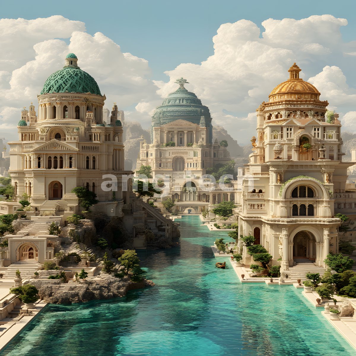 Three grand domed palaces in verdigris and gold overlook a serene turquoise canal in this sunlit classical vista.