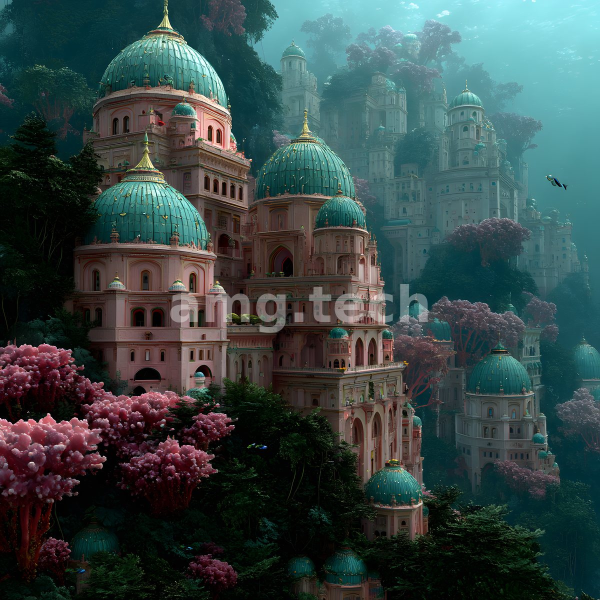 Rose-pink towers crowned with teal domes cascade through pink coral gardens in the tranquil green depths of a drowned realm.