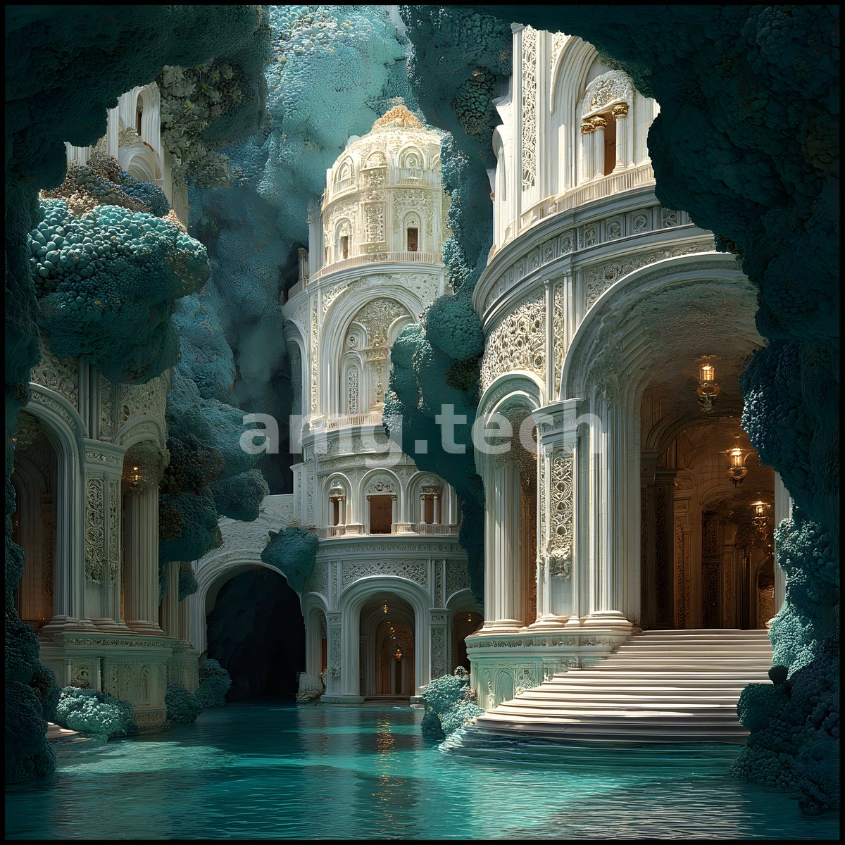 Pale carved palaces and vaulted arcades rise from moss-clad grotto walls above still turquoise water, luminous and impossibly serene.