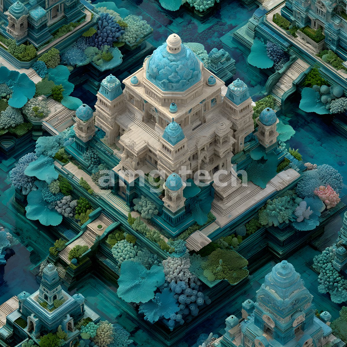 Seen from above, a domed marble sanctuary presides over terraced gardens of coral and foliage in cool submarine blues and greens.