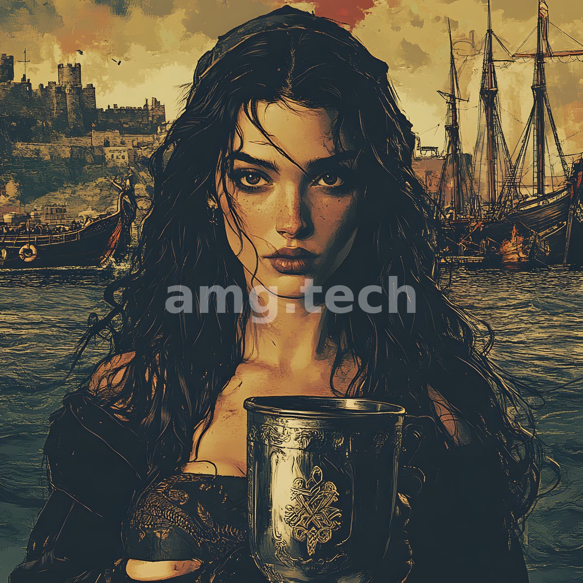 A dark-haired woman cradles an engraved pewter tankard against a smouldering harbour of tall ships and a distant hilltop fortress.