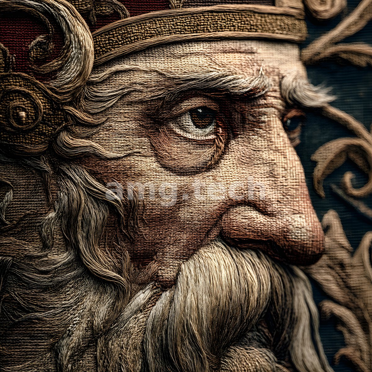 Rendered as intricate tapestry, a crowned and bearded monarch gazes in profile amid threads of foliage and burnished gold.