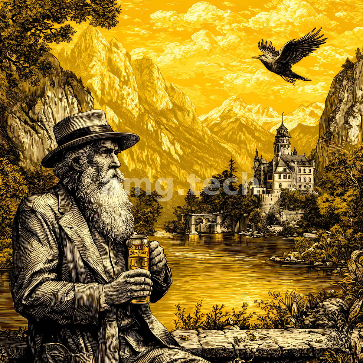 In luminous amber engraving, a bearded traveller rests with his tankard as a raven wheels above a lakeside castle and jagged peaks.