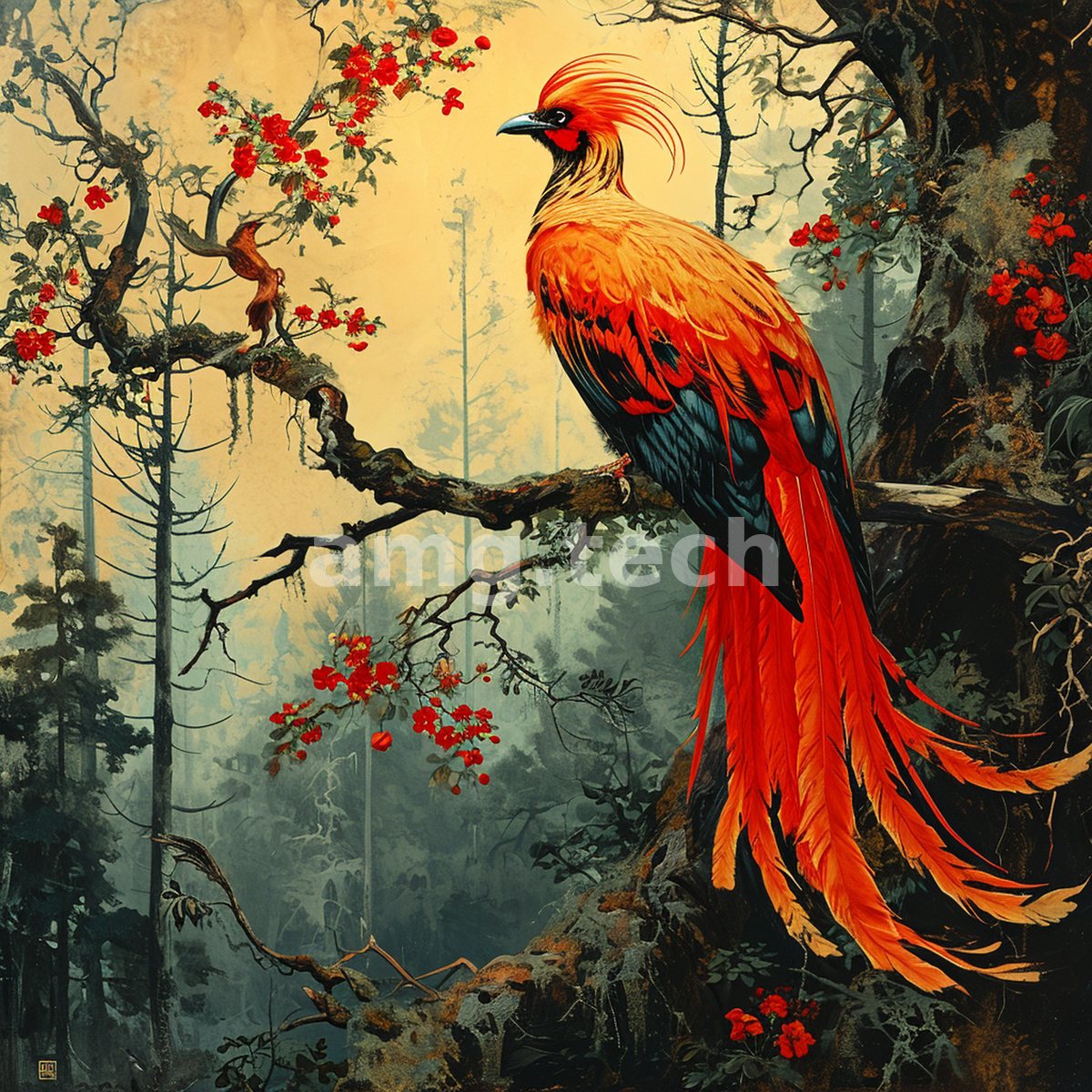 A resplendent long-tailed bird of flame and teal perches amid berry-laden branches within a misty, moss-hung forest.