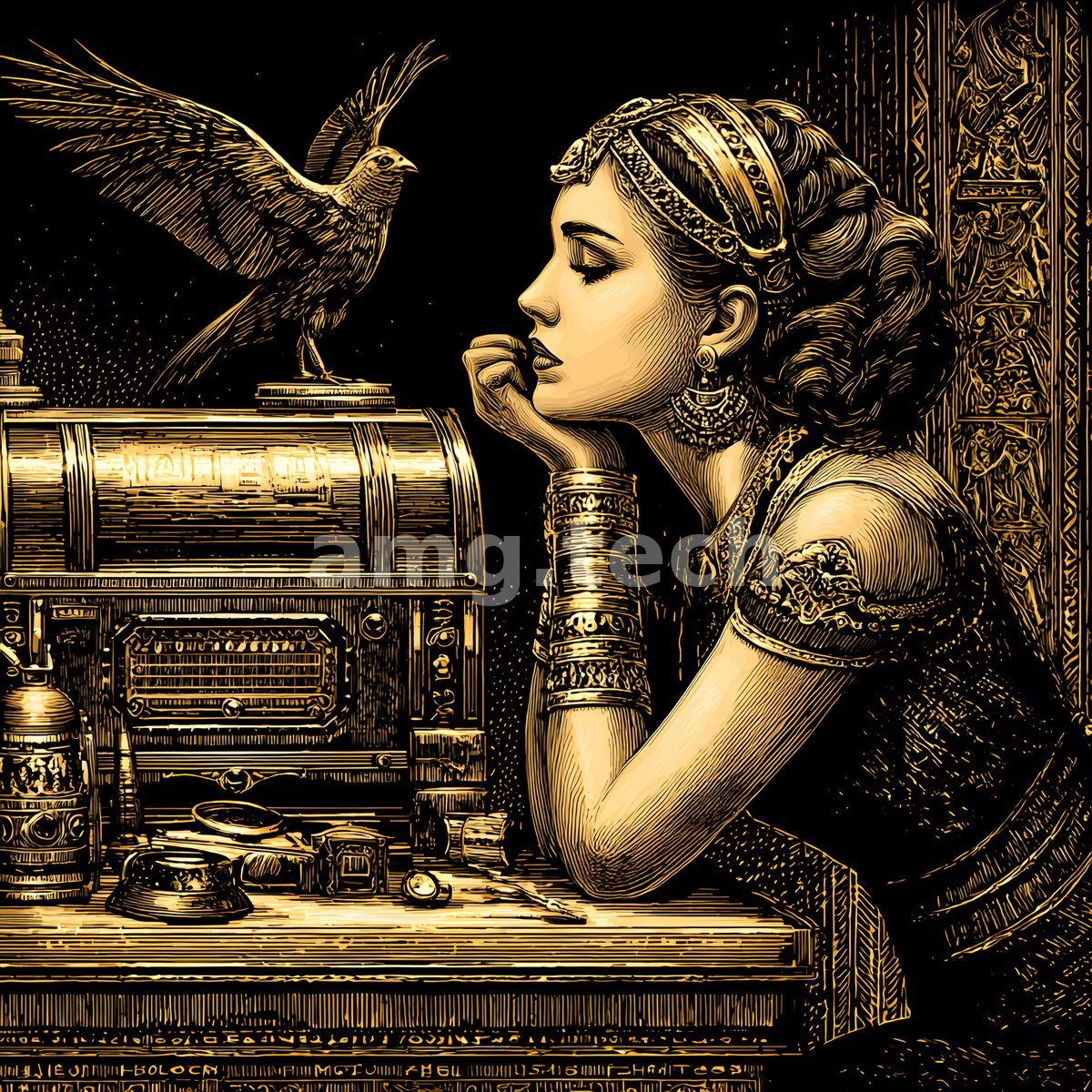 In gilded scraperboard, a jewelled woman leans toward a perched bird beside an ornate golden casket in an antique chamber.