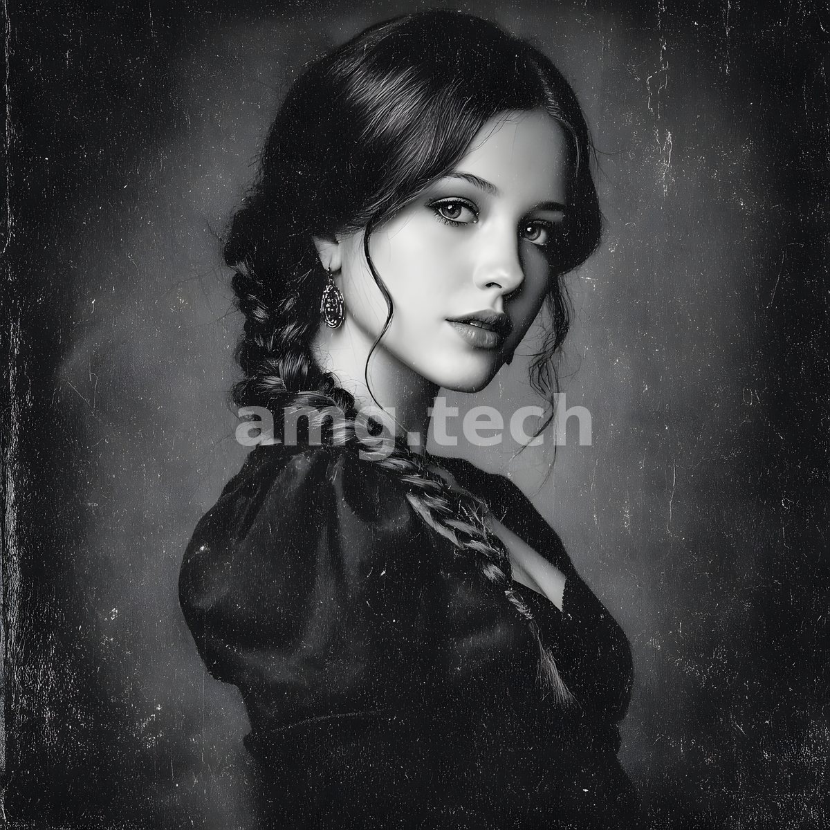 A softly lit young woman in dark silk turns over her shoulder, her braided hair and pale gaze caught in weathered monochrome.