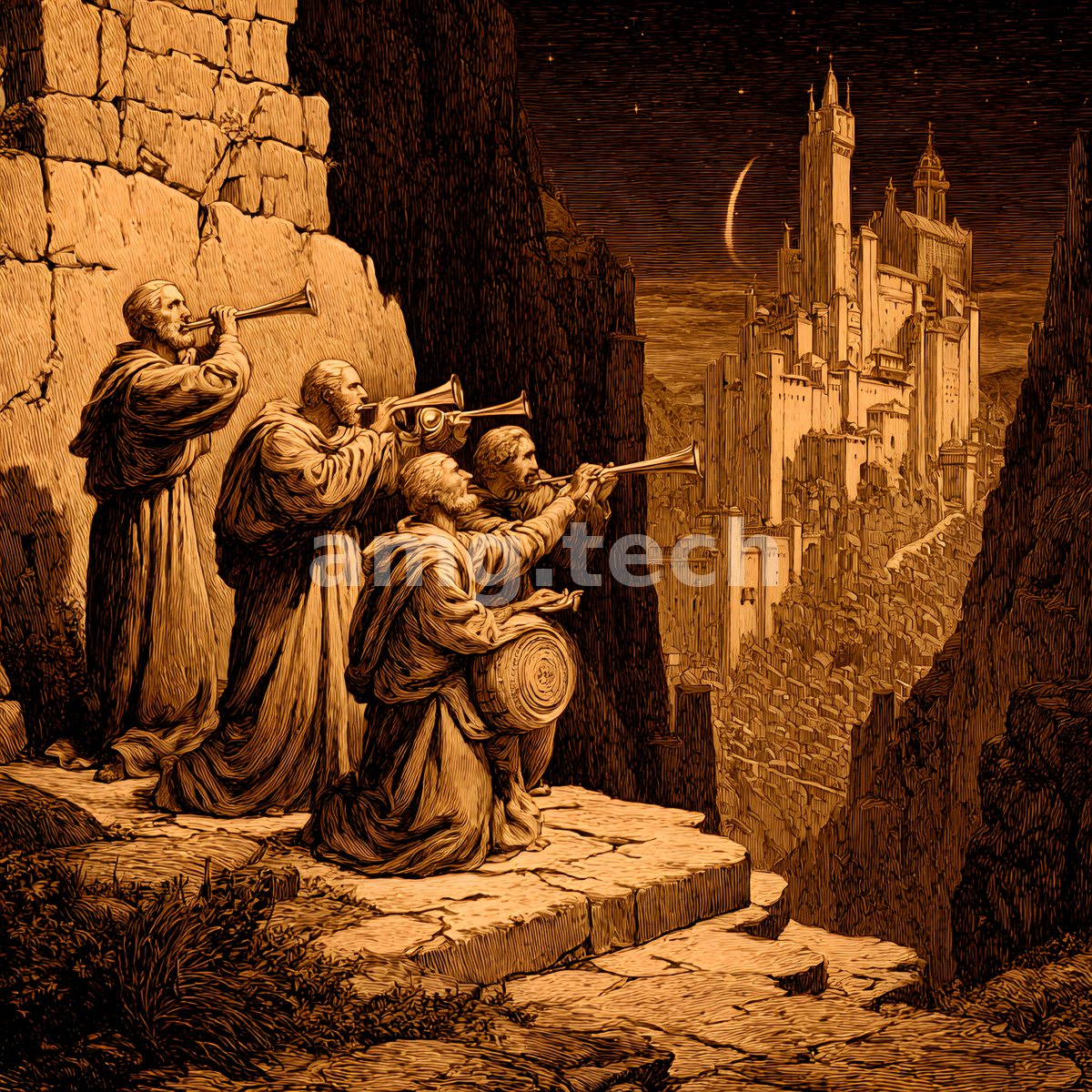 Robed figures sound long trumpets from a rocky ledge toward a moonlit citadel of spires rising in sepia engraved shadow.