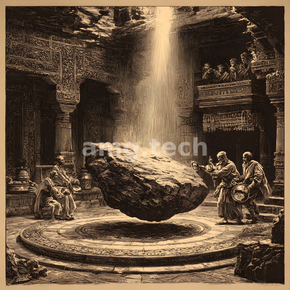 Within a carved temple hall, robed elders behold a great rough boulder suspended in a shaft of descending light.