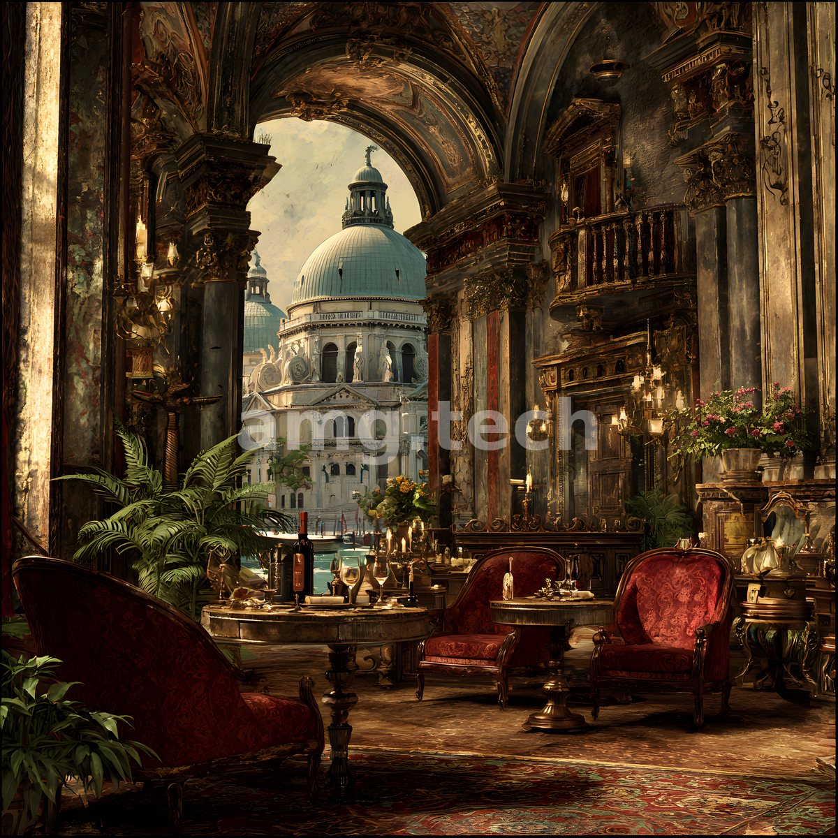 Through a grand arch, a crimson-upholstered drawing room opens onto a domed basilica and gondolas across the shimmering water.