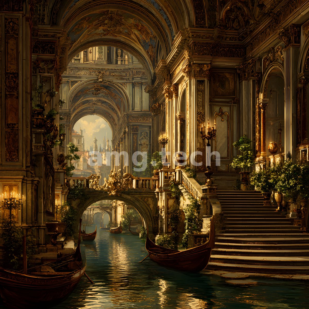 Gilded loggias and vine-draped balustrades frame moored gondolas on a quiet interior waterway of a golden-lit palace.