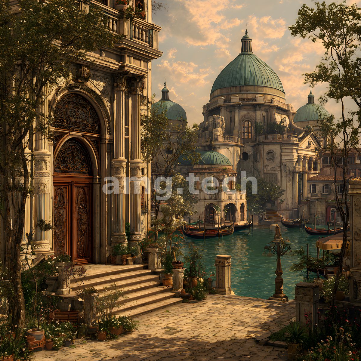 From a carved portico wreathed in greenery, a paved courtyard descends toward domed basilicas and gondolas on a serene canal.