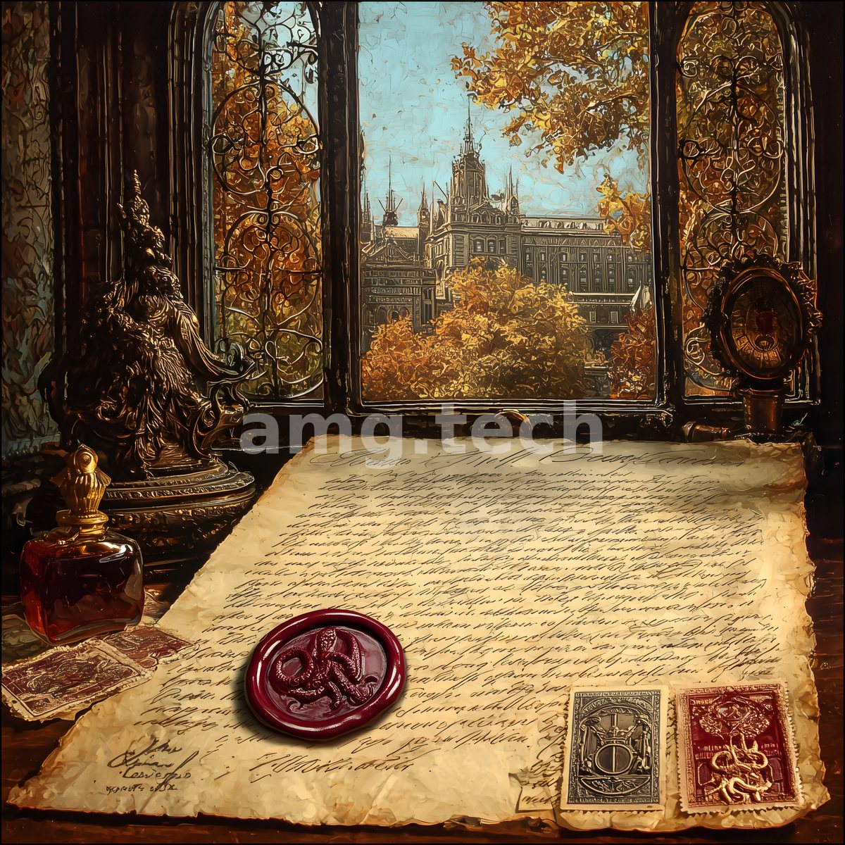 A wax-sealed manuscript rests amid antique stamps and a crimson inkwell, an autumnal city glowing beyond wrought-iron windows.