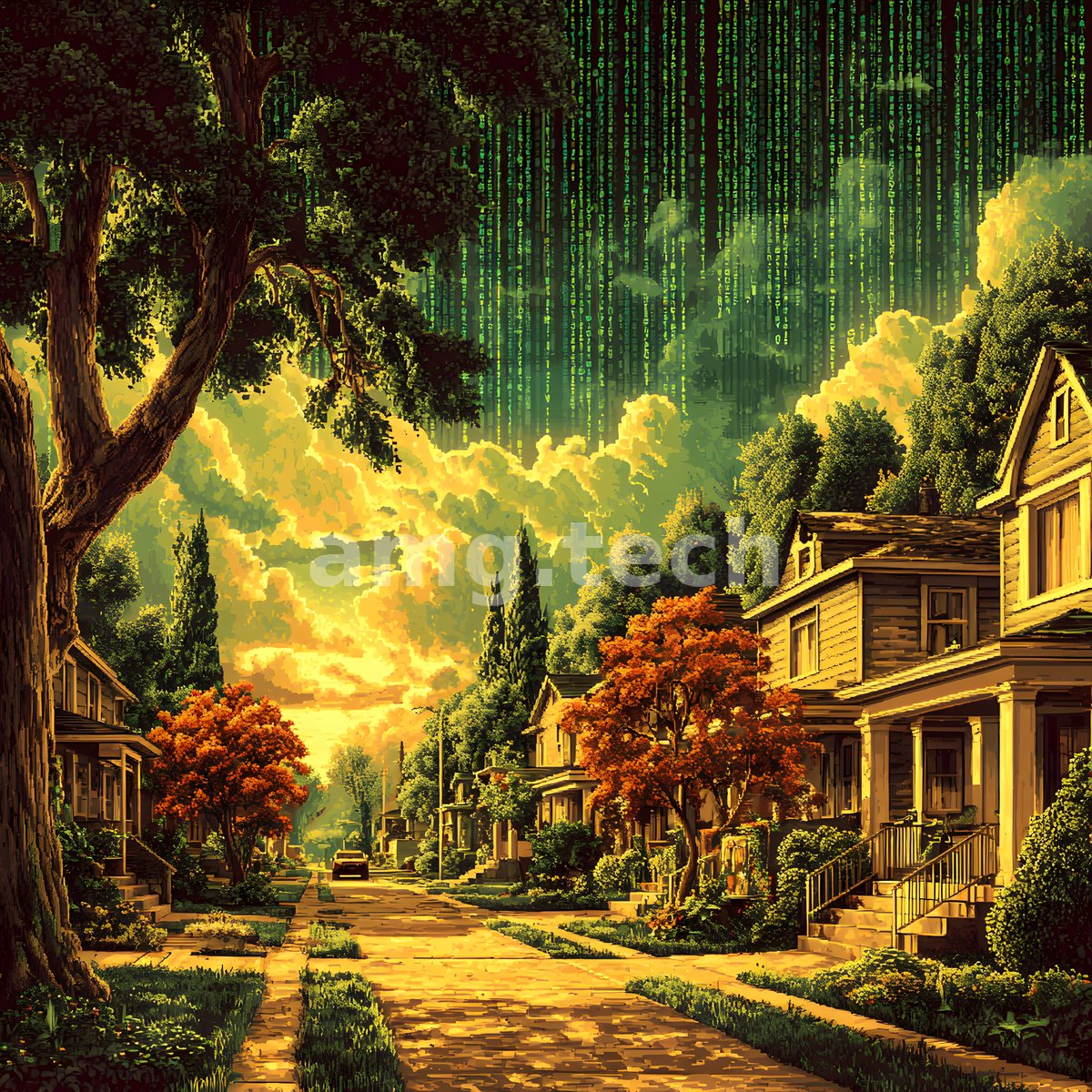 Cascading emerald cipher descends over a golden-lit residential street, where pixel-rendered gables and turning leaves meet a luminous dusk.