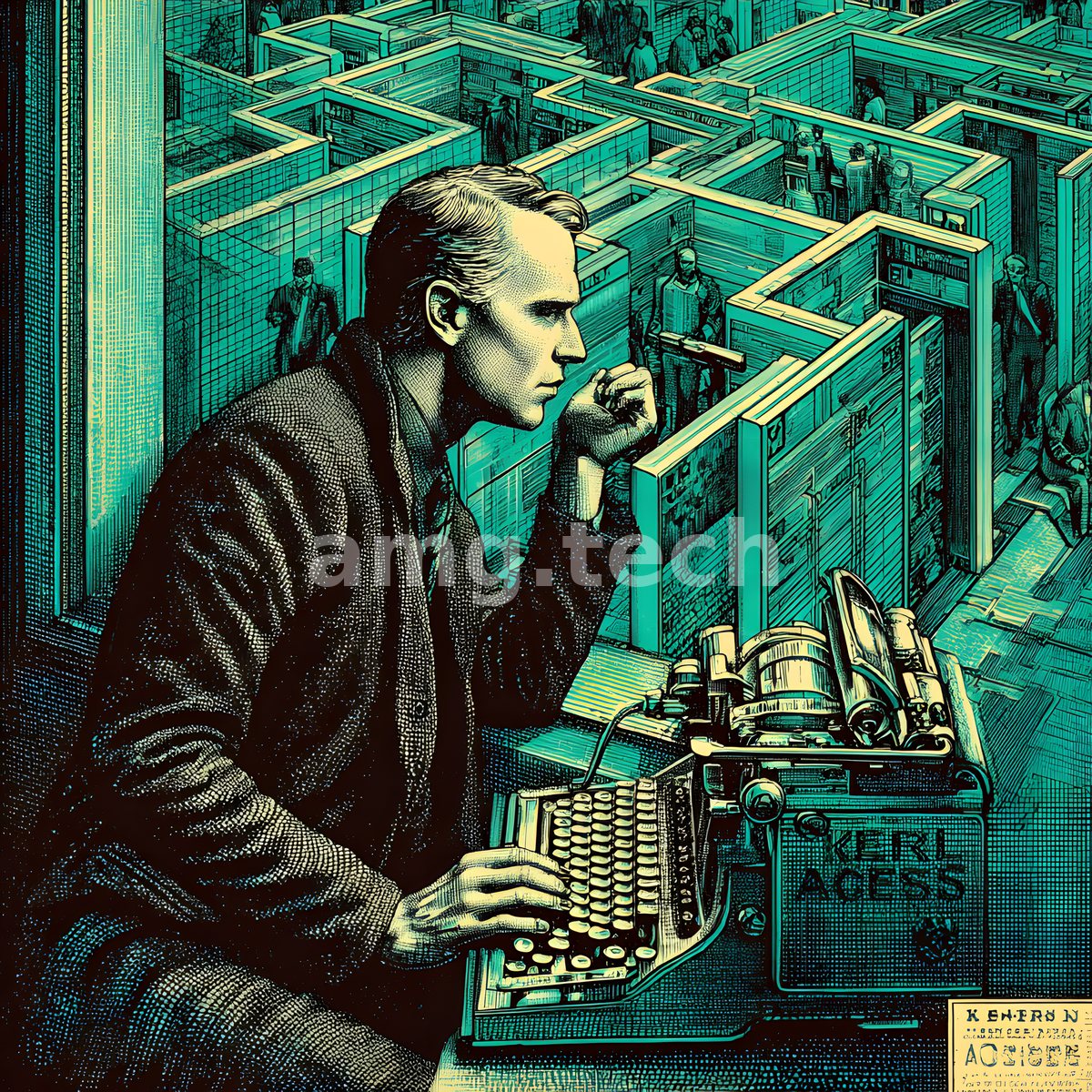 A pensive clerk at his typewriter contemplates an endless maze of corridors, rendered in stark teal crosshatched engraving.