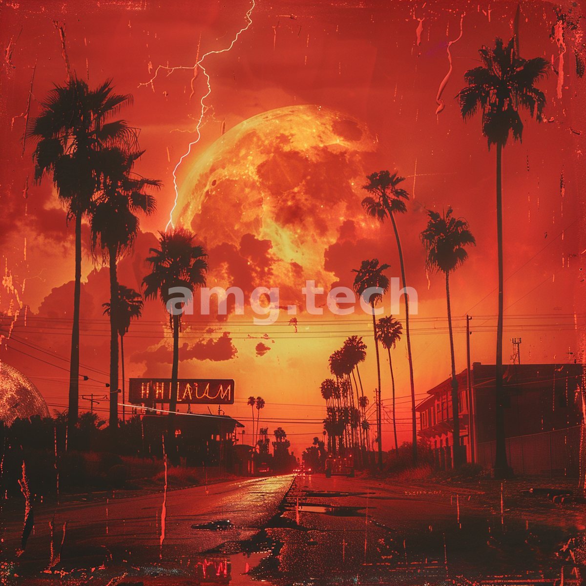 An immense moon looms over a lightning-struck avenue of palms, casting the deserted street in feverish shades of scarlet and gold.