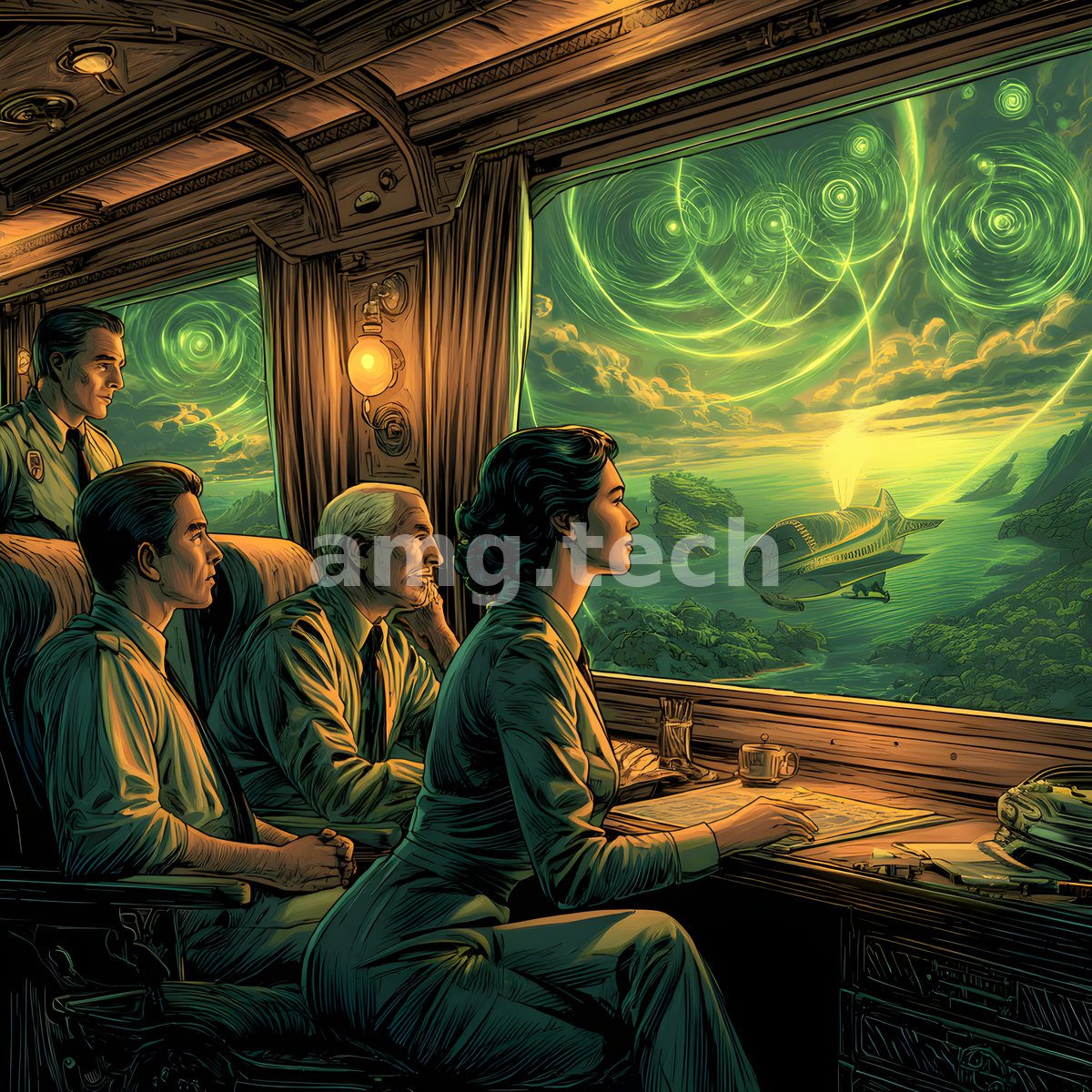 Travellers gaze from a lamplit railway carriage toward a surreal emerald sky where a great serpentine form glides above the sea.