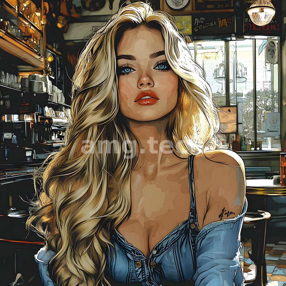 A blonde woman in an off-shoulder denim jacket sits poised within a sunlit café, rendered in bold illustrative line and colour.