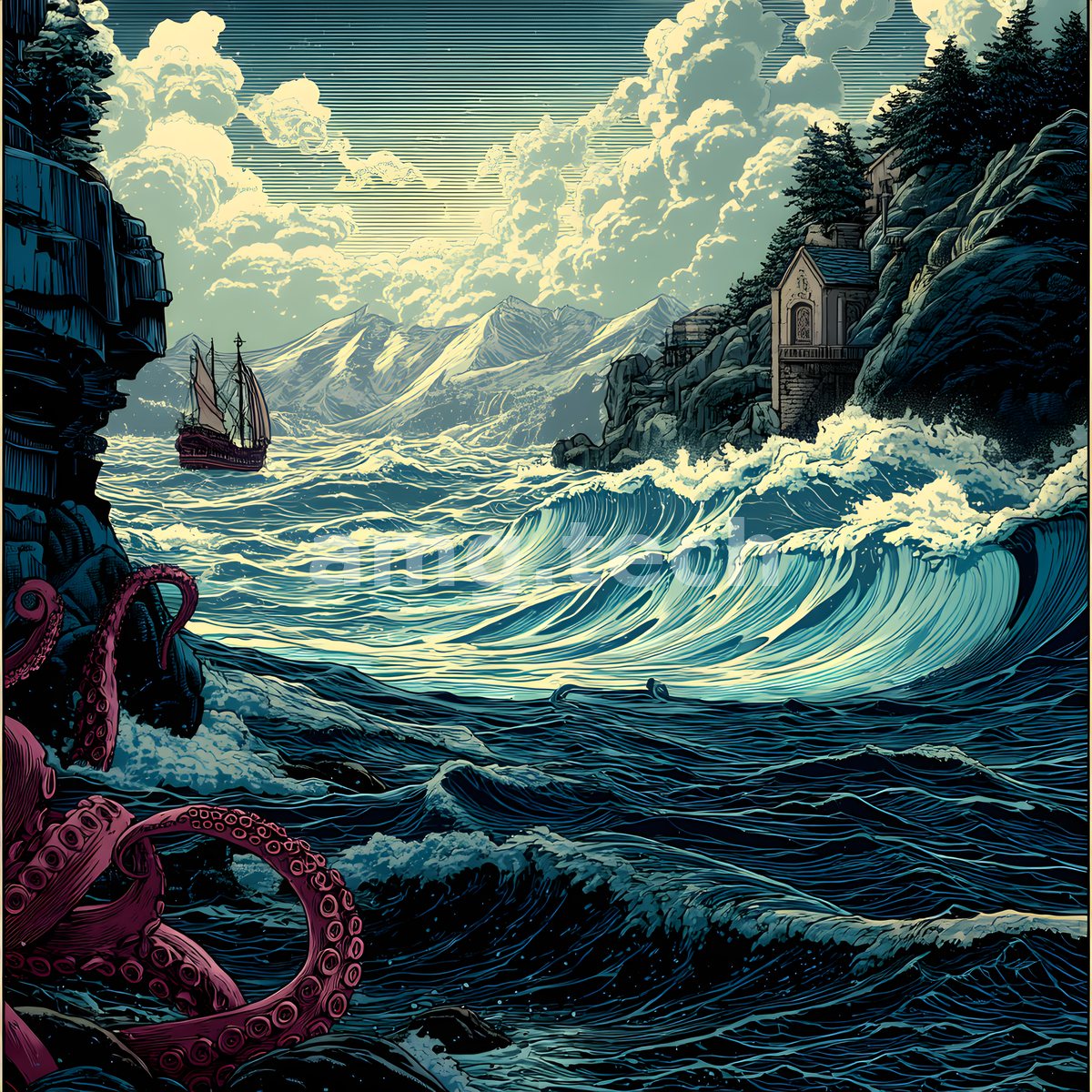 A tall ship braves cresting waves beneath a cliffside manor as crimson tentacles rise from the churning northern sea.
