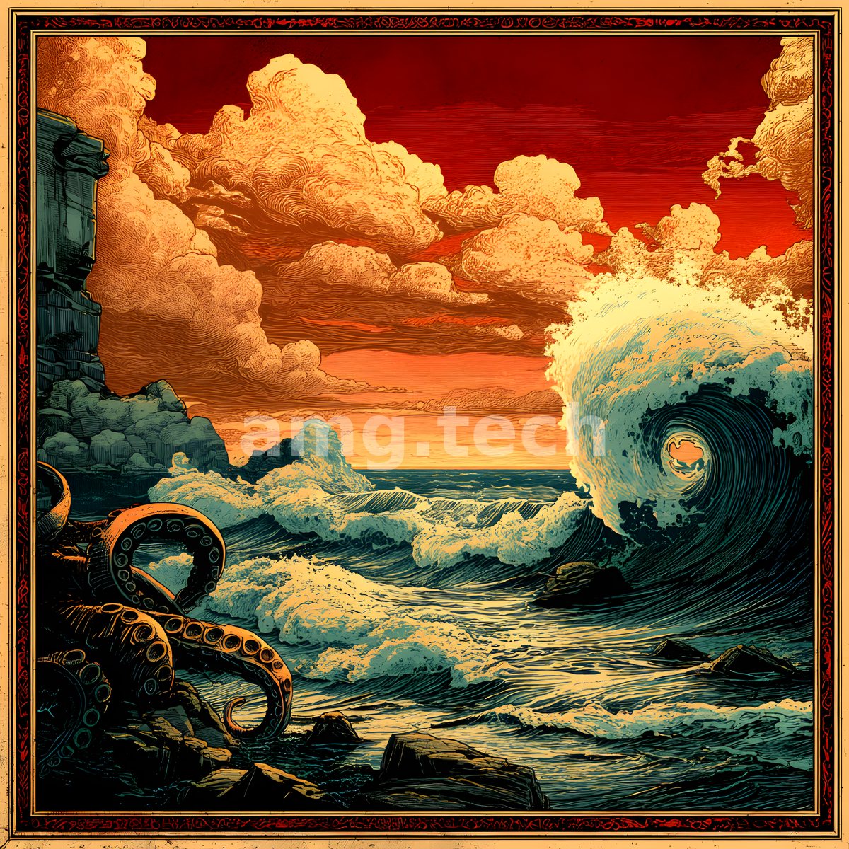 A curling wave breaks beneath a blazing vermilion sky as spiralling tentacles coil among the rocks, framed in ornate border.