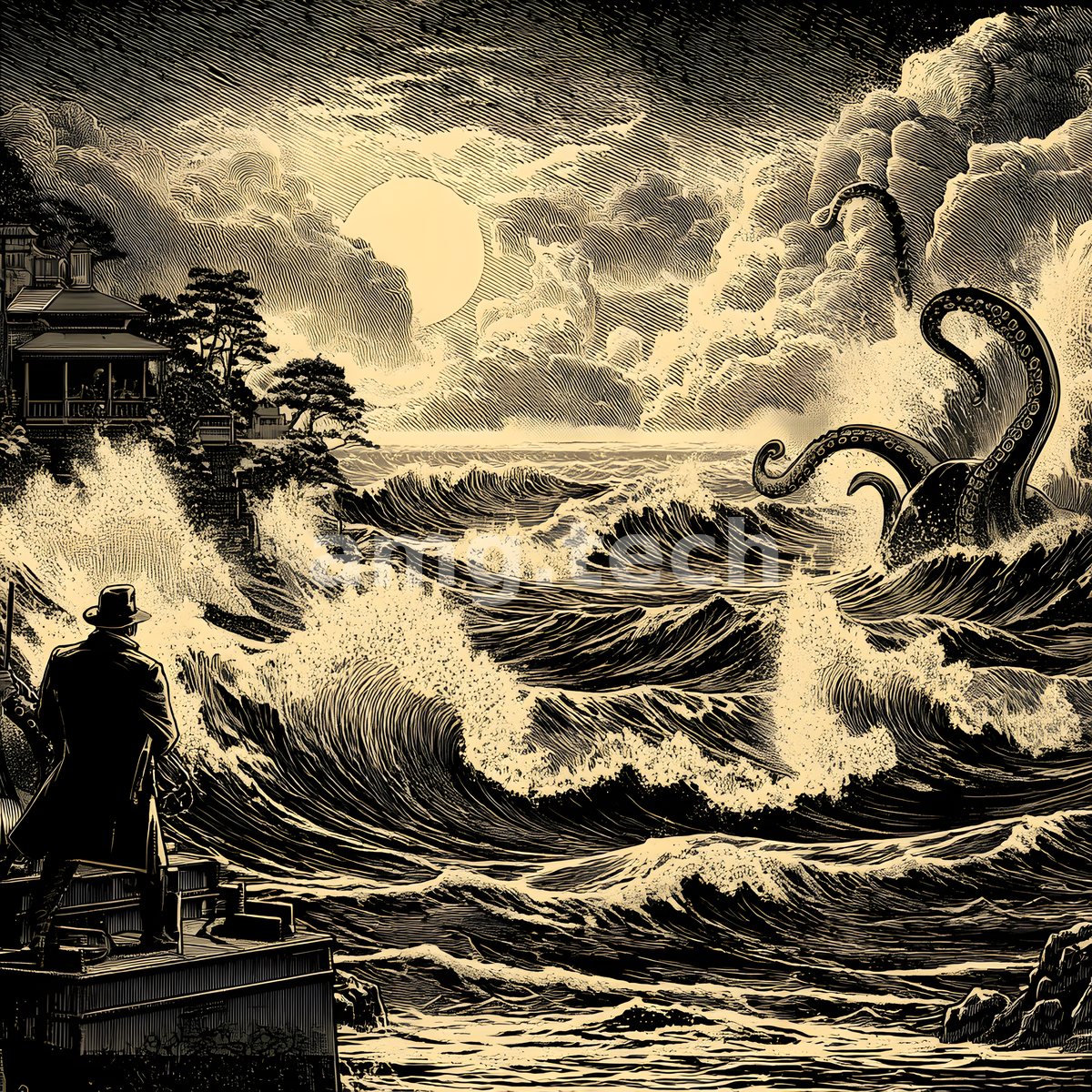A hatted figure surveys a moonlit tempest in golden woodblock line, where a colossal tentacle rears above the breaking surf.