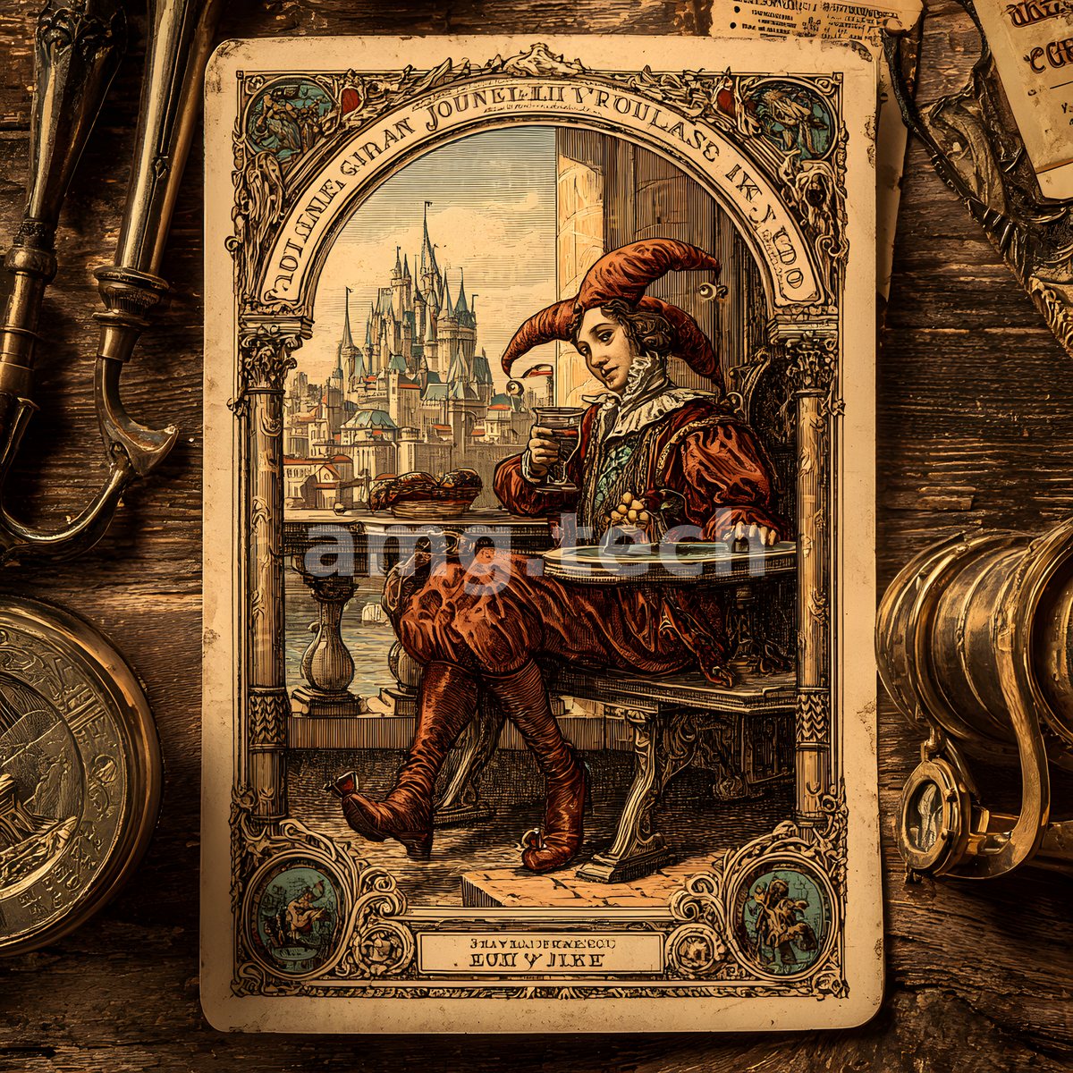 An antique tarot card of a motley-clad jester raising his cup before a fairytale citadel, laid among brass instruments and weathered parchment.