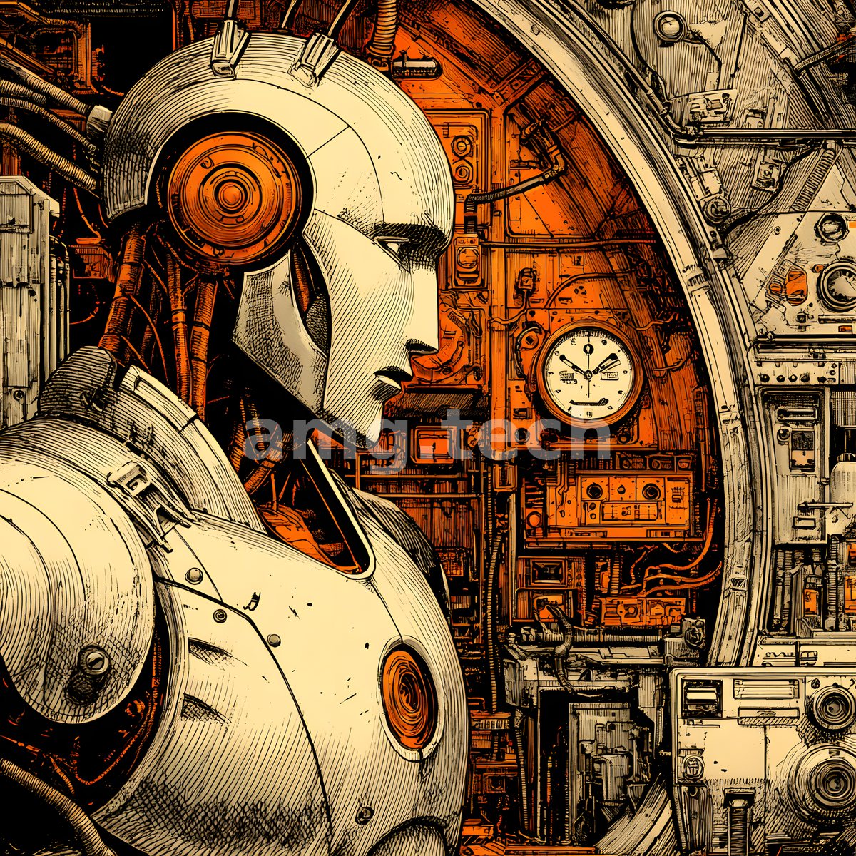 A woman's serene profile merges with intricate clockwork mechanism in fine silver engraving, annotated across an engineer's schematic.