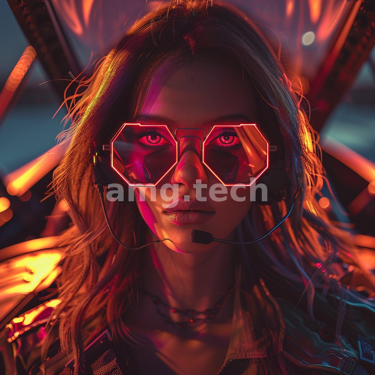Bathed in electric magenta and amber, a woman wears luminous hexagonal goggles and a slim headset amid glowing machinery.