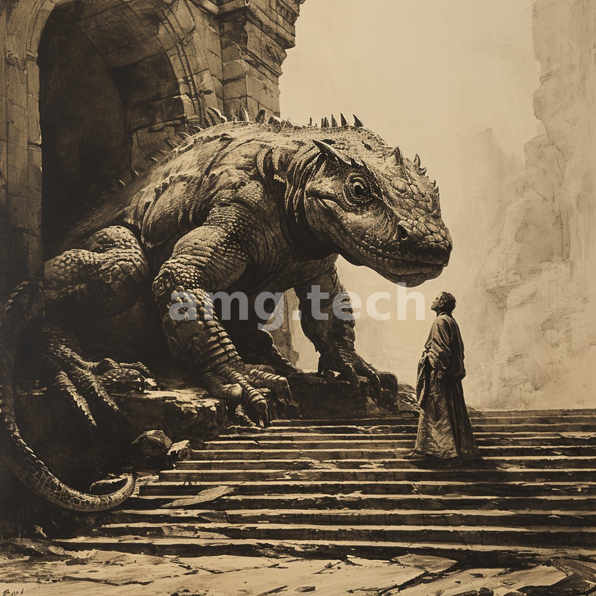 A colossal armoured reptile confronts a solitary robed figure upon crumbling temple steps, rendered in muted monochrome grandeur.
