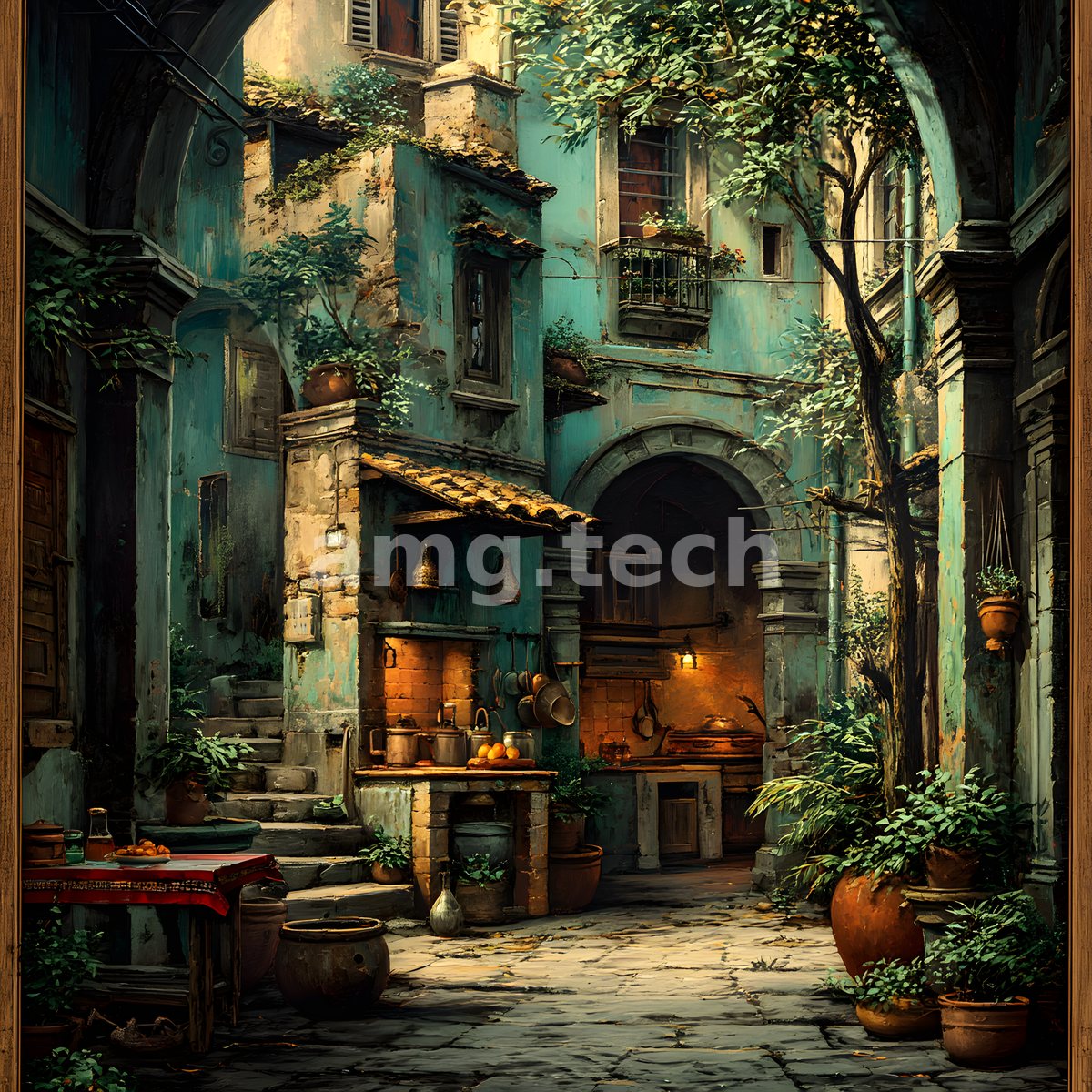 A weathered Mediterranean courtyard glows amber against teal walls, its terracotta pots and open hearth softened by trailing vines and evening warmth.