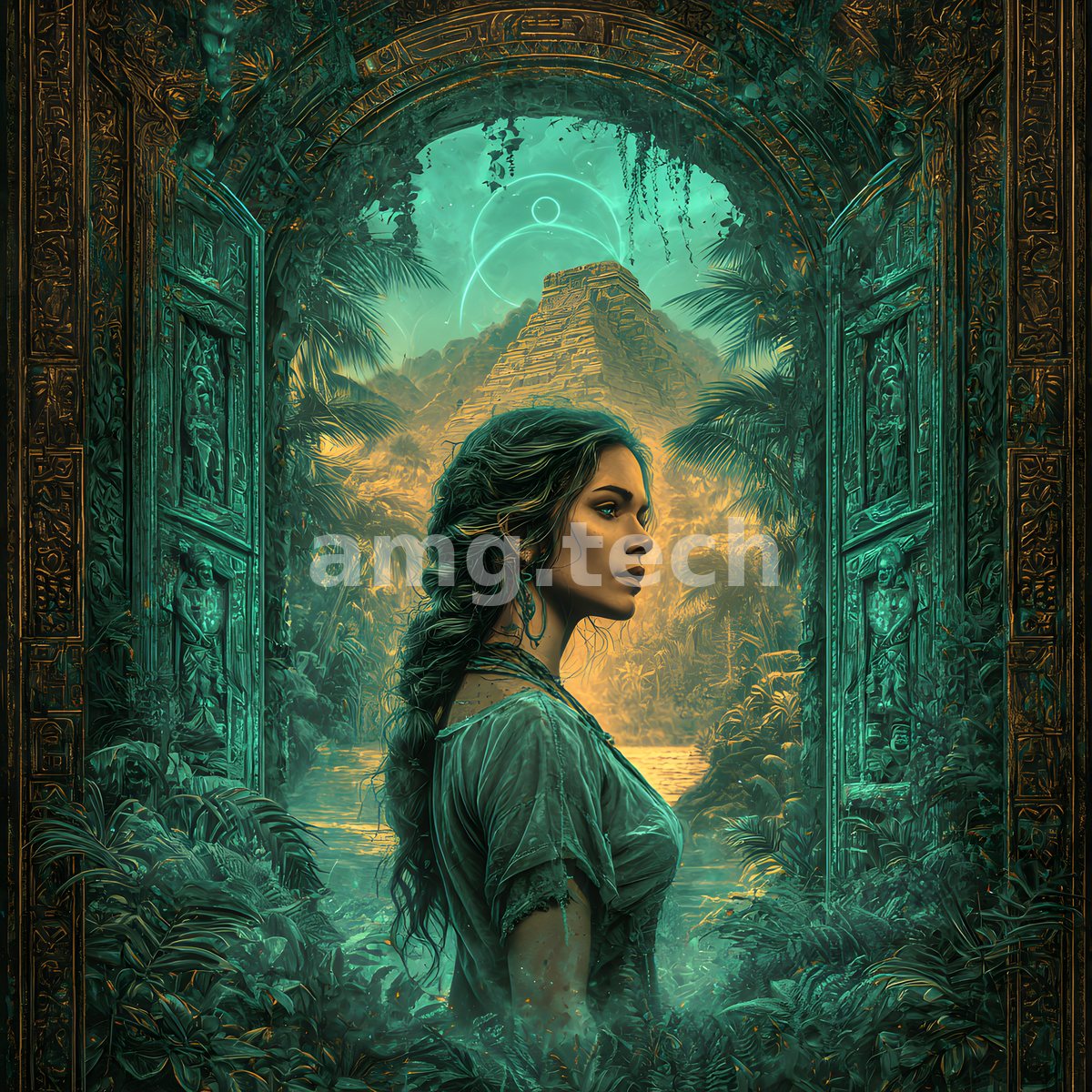 A woman stands in profile before a carved archway, gazing toward a jungle pyramid crowned by luminous rings and emerald mist.
