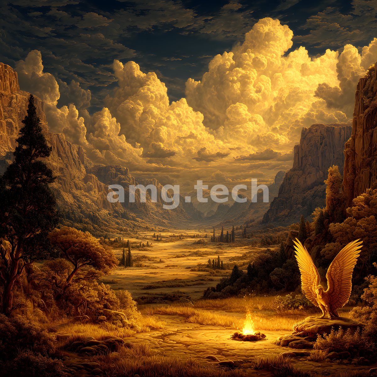 Towering sunlit clouds crown a broad valley where a winged golden figure keeps vigil beside a solitary flame.