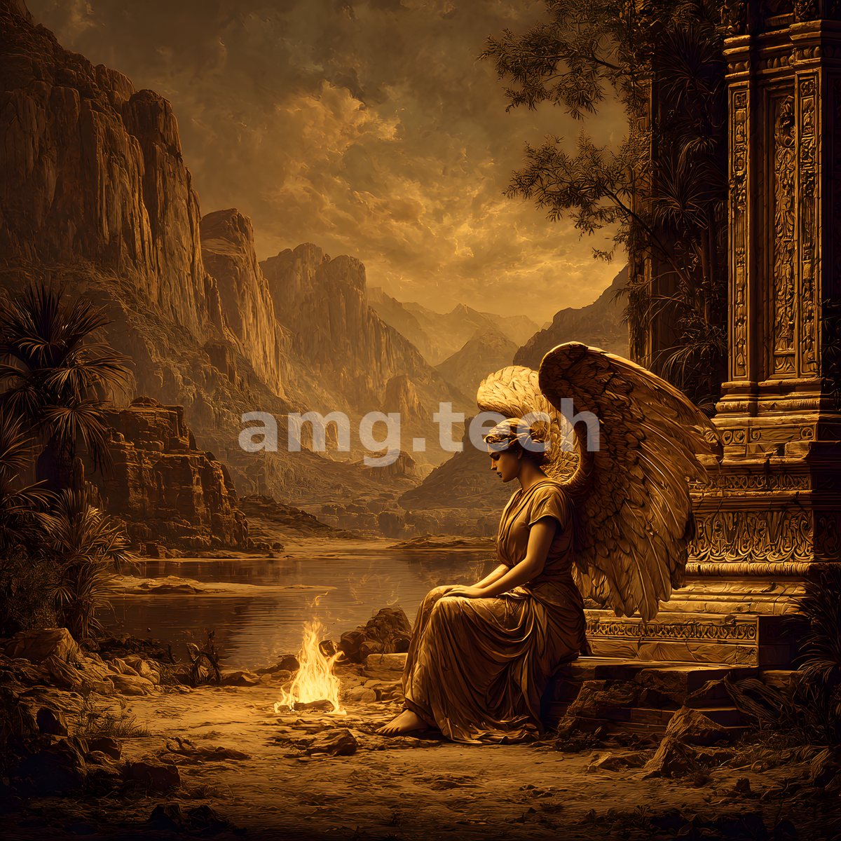 A seated winged figure rests against an ornate pavilion, contemplating still waters beneath a burnished sepia sky and distant peaks.