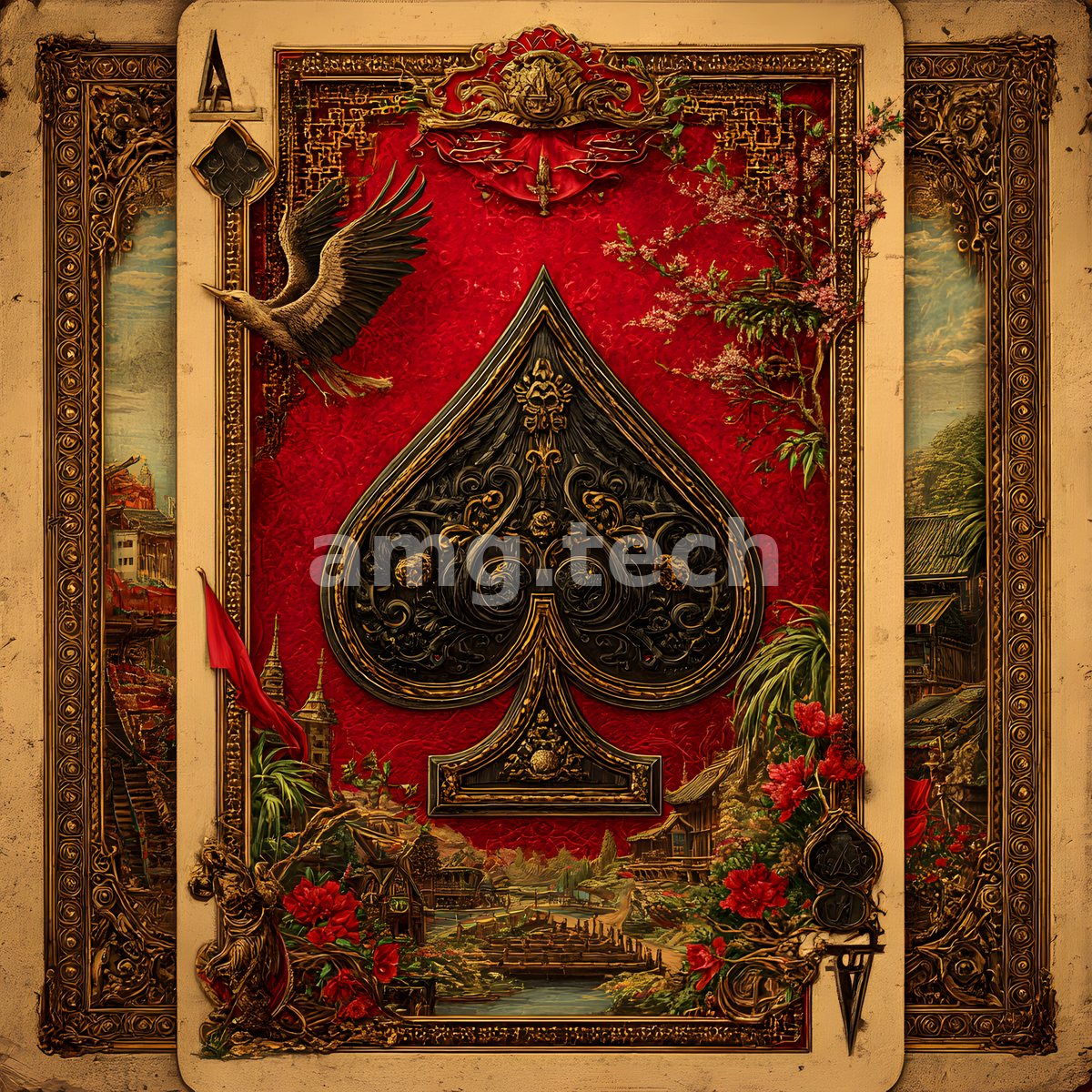 An opulent baroque spade rises against crimson, framed by cranes, blossoms, and gilded vignettes of an Eastern riverside town.
