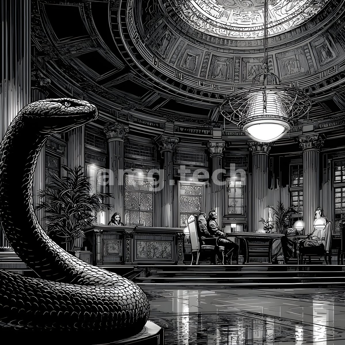 A colossal cobra rears within a domed marble hall of columns and lamplight, where seated figures conduct their quiet business.