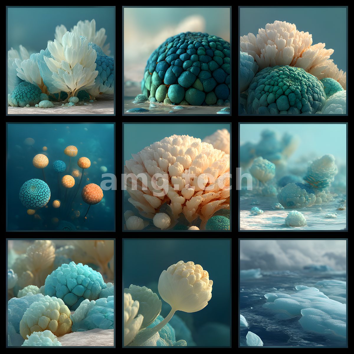 Nine studies of coral-like forms and pale blooms drift through cool aquatic light, a delicate meditation on growth and dissolution.