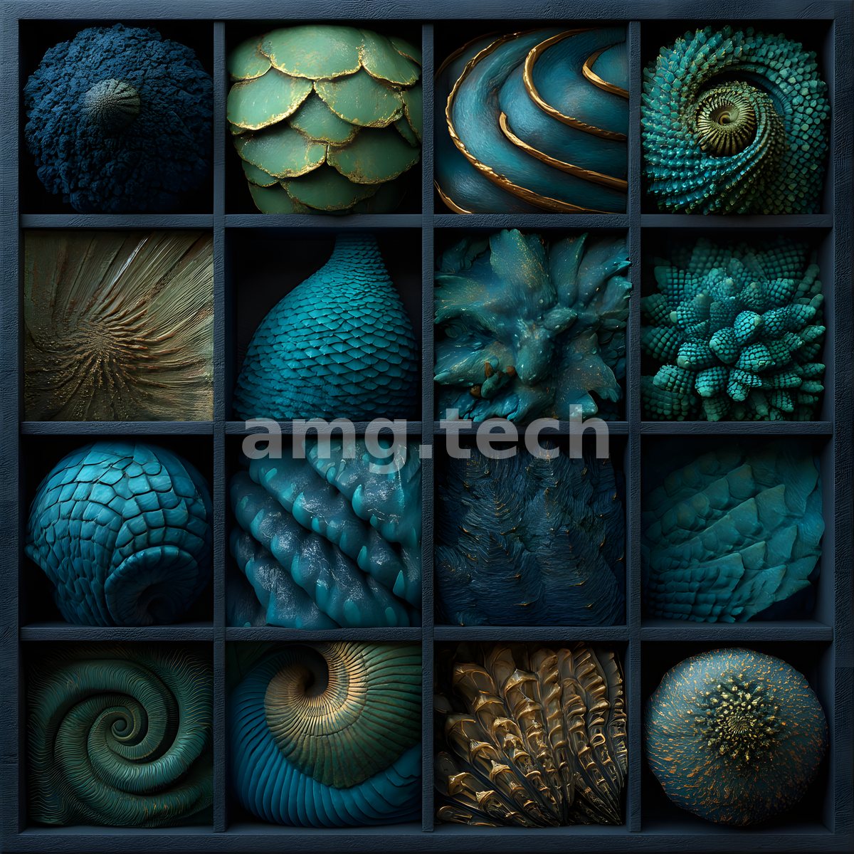 Sixteen textured forms of scale, spiral, and shell rest in shadowed compartments, a naturalist's cabinet rendered in deep teal and bronze.