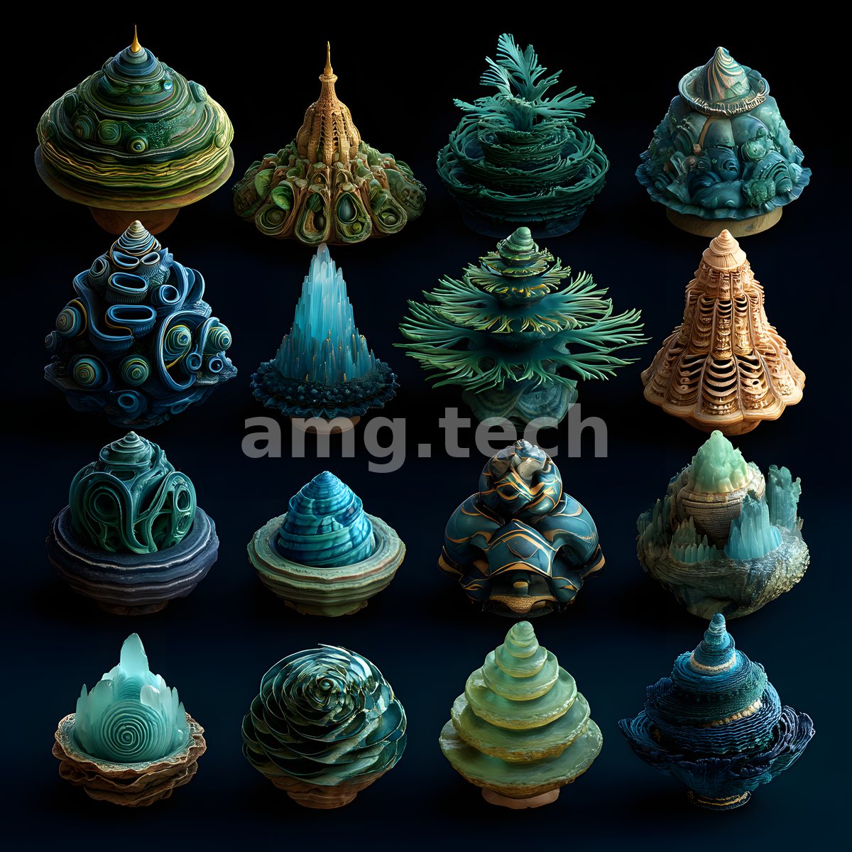 A collection of ornate conical structures, part shell and part temple, arranged against darkness in jewel tones of green and blue.