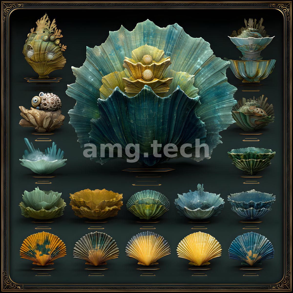 An elegant plate of fluted shells and coral clusters, arranged from radiant fans to a commanding central bloom in green and gold.
