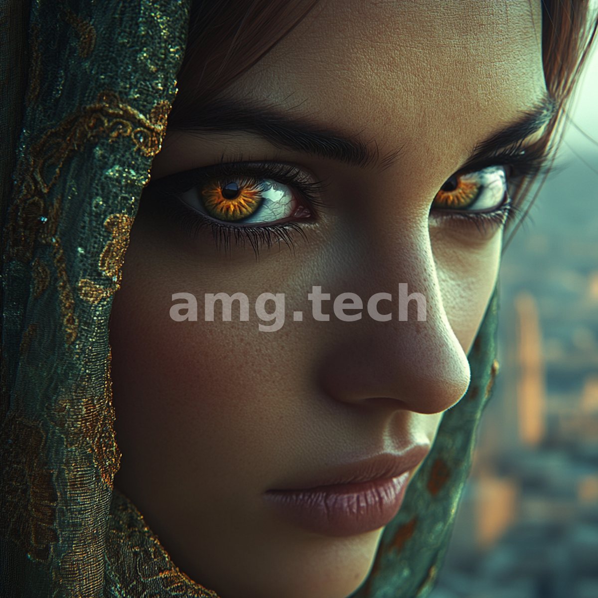 A veiled woman turns with luminous amber eyes, her gold-embroidered shawl framing a face poised above a hazy distant city.