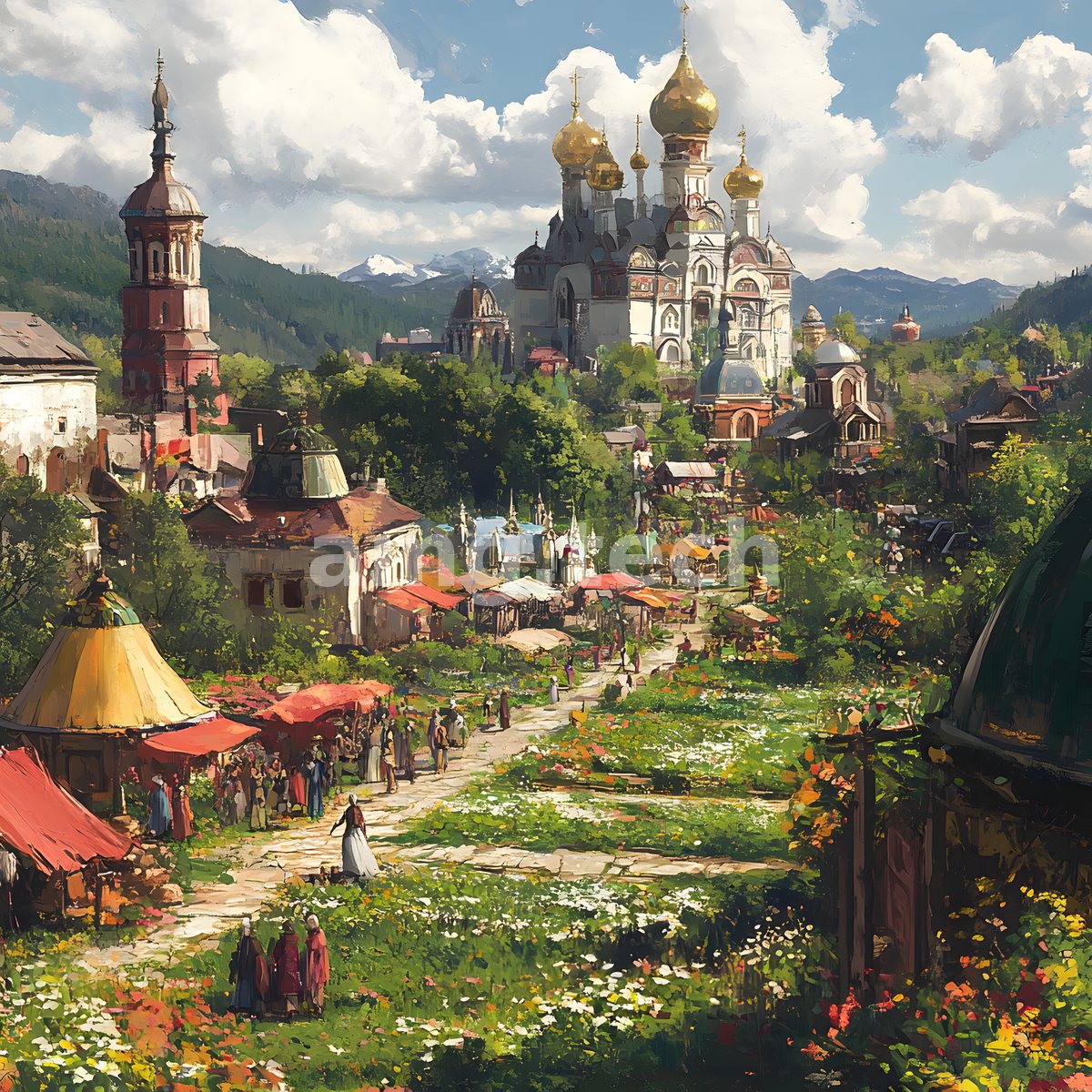 Golden onion domes rise above a lively market town, its flowering meadows and market stalls set against wooded mountains and drifting cloud.
