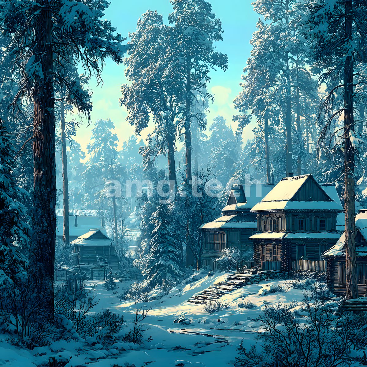 Snow-laden timber cabins nestle among towering frosted conifers, bathed in the crisp turquoise light of a still winter morning.