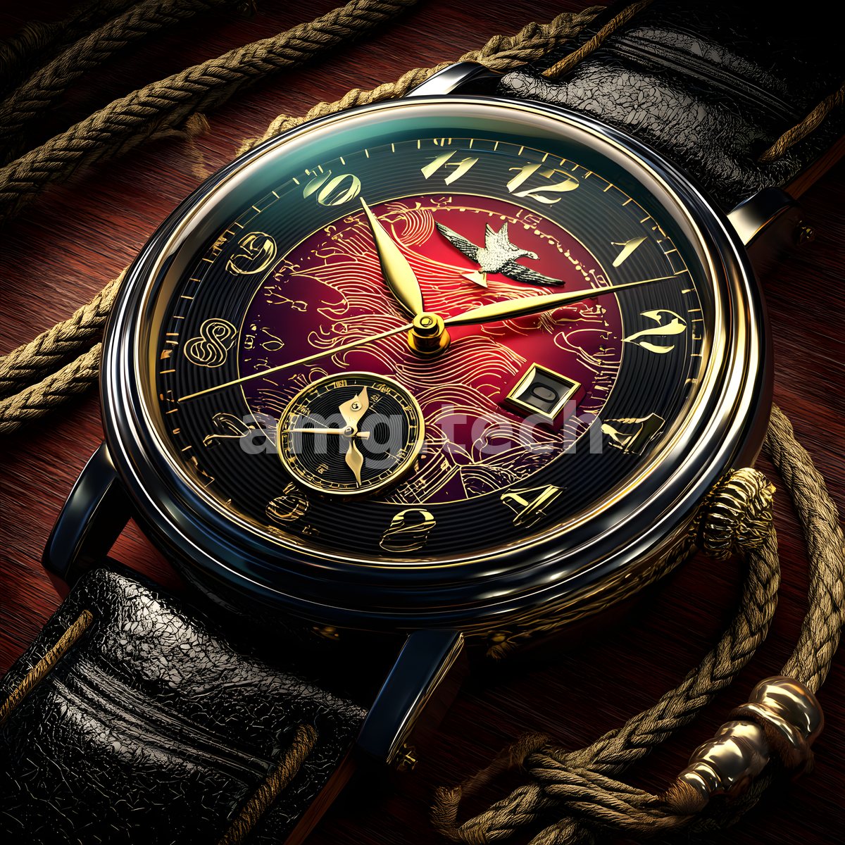 An ornate timepiece rests on rich mahogany, its scarlet dial and gilded hands accented by a soaring crane and coiled cord.