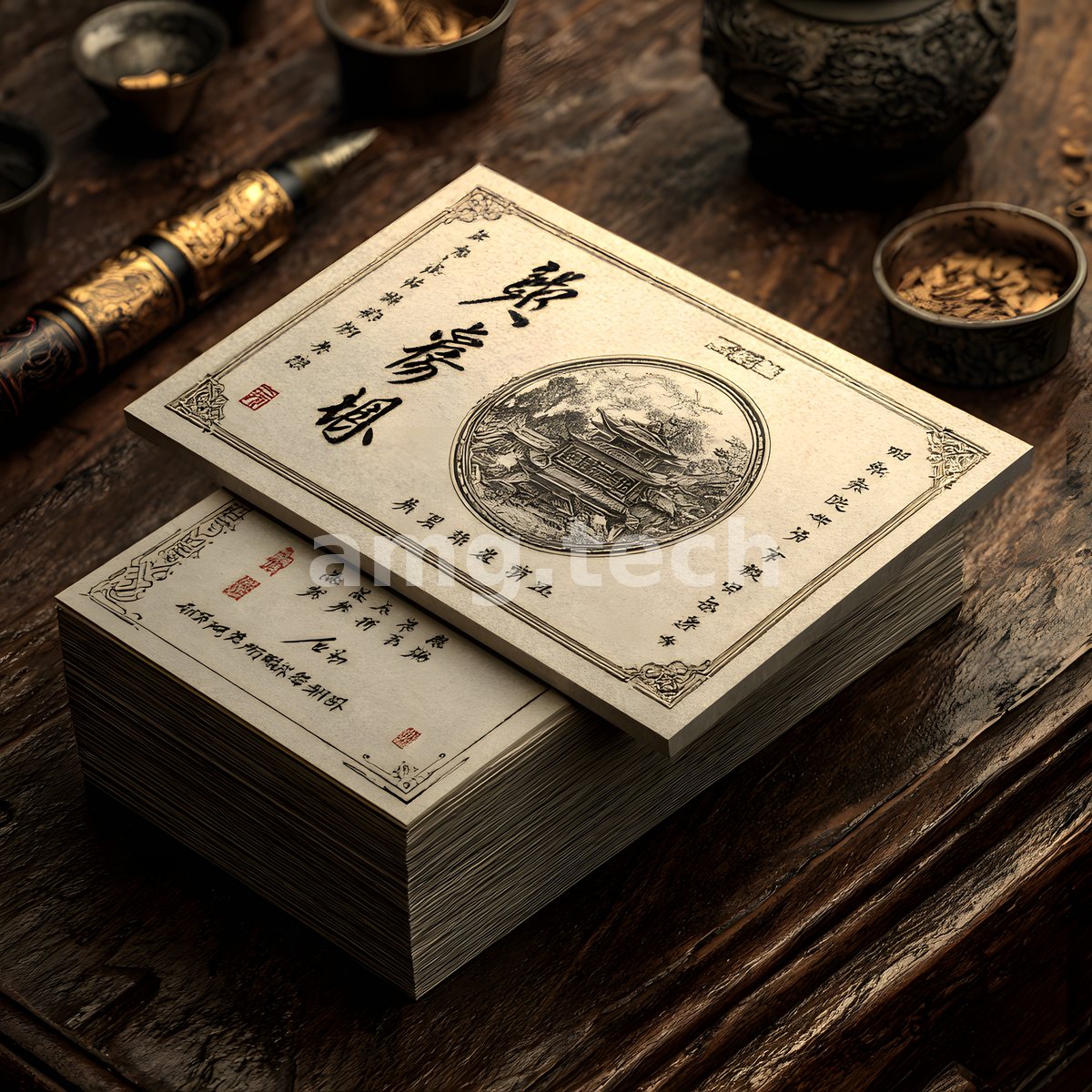 A weathered stack of calligraphic volumes rests on dark timber beside an ornate inkbrush and bowls of loose-leaf botanicals, quietly evoking scholarly antiquity.