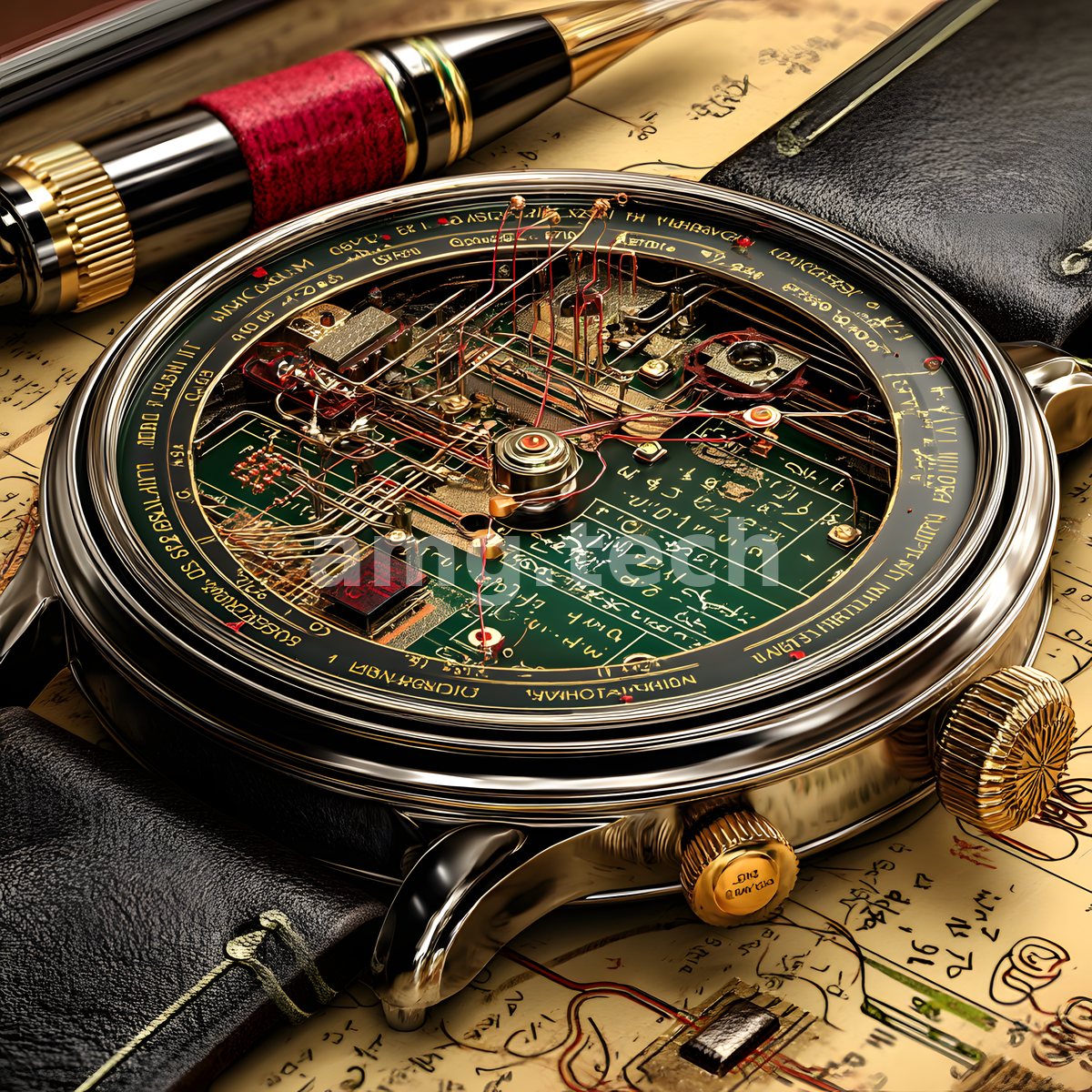 An open-dialed timepiece reveals its intricate copper-and-emerald movement, resting upon annotated parchment where equations and a jewelled pen suggest the marriage of science and craft.