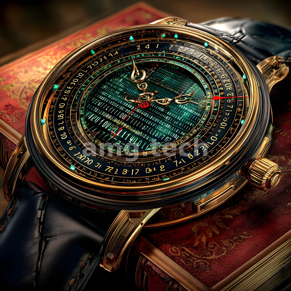 A gilded wristwatch of cascading figures and turquoise markers reclines upon crimson leather-bound tomes, its face a shimmering ledger of encoded time.