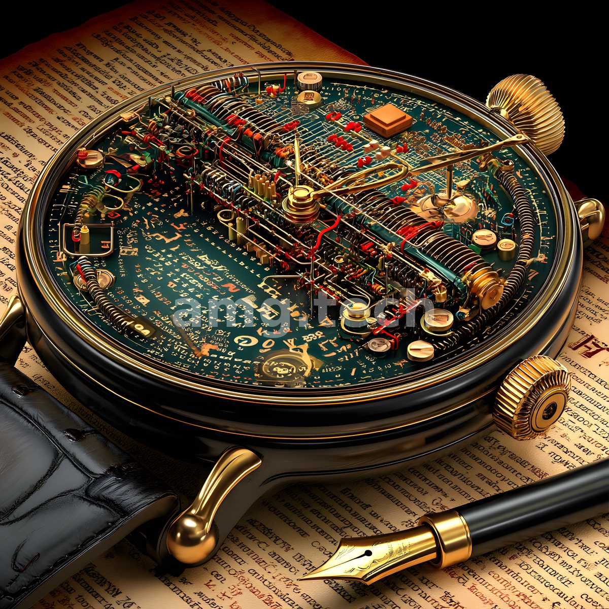 A luminous timepiece exposes a green-and-gold labyrinth of miniature circuitry, poised upon inked manuscript pages beside a poised fountain pen.