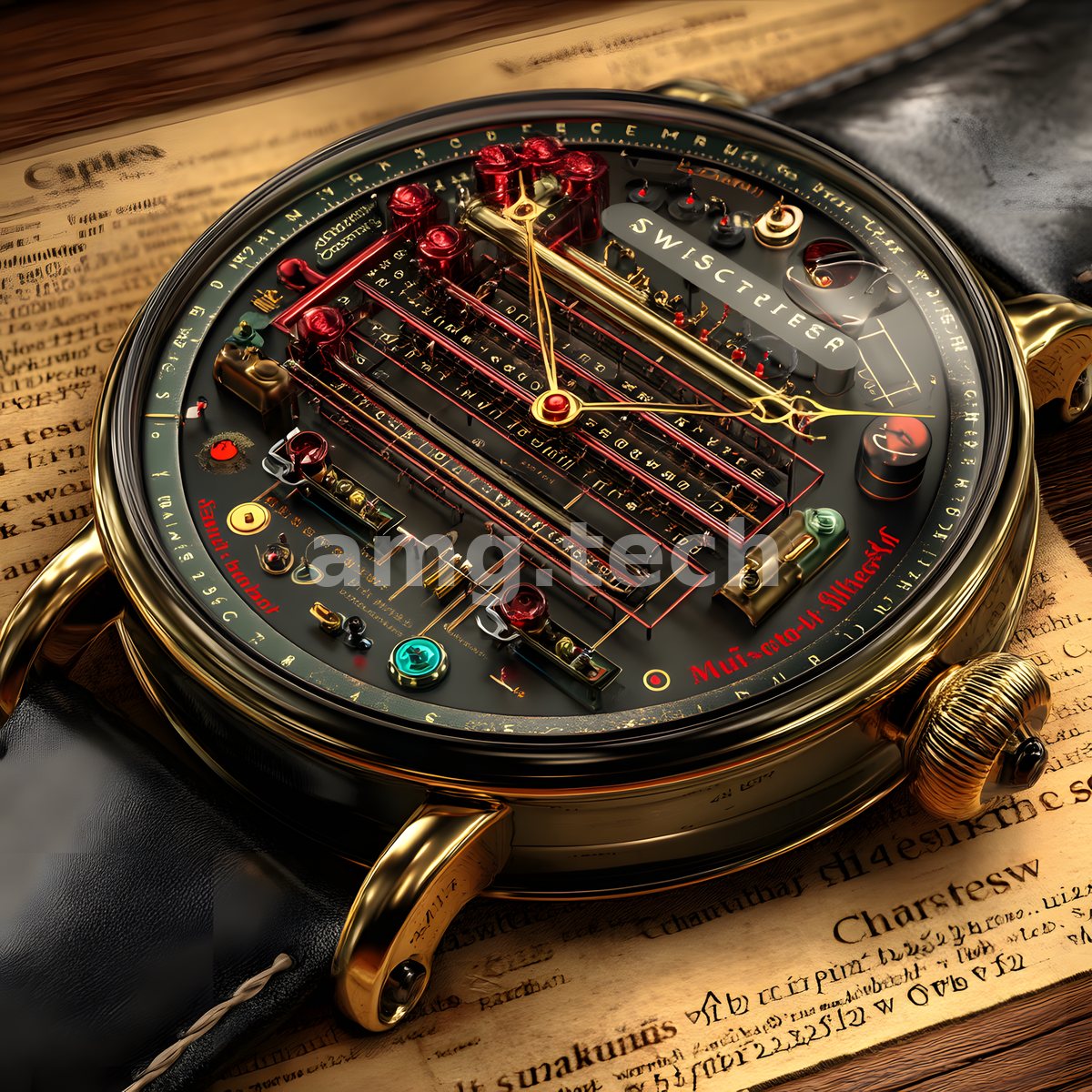 An elaborate horological mechanism set with ruby accents and green enamel rests on antique text, a study in scarlet lines and precision engineering.